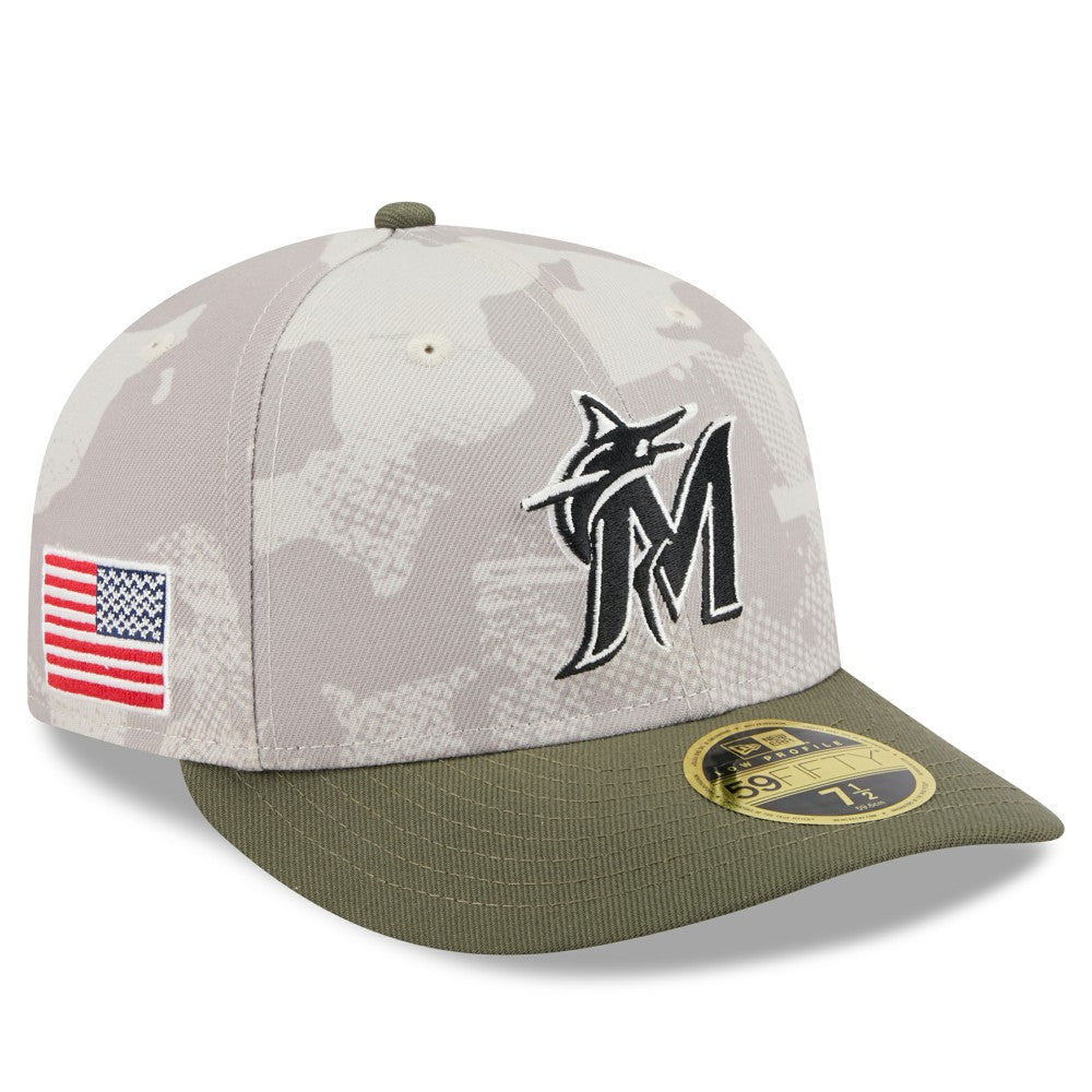 Miami Marlins 2025 Armed Forces Day Low Profile 59FIFTY Fitted Hat - Light Beige/Olive | New Era