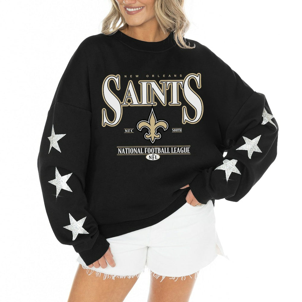 NFL New Orleans Saints Gameday Couture Women's Rhinestone Star Sleeve Settle the Score Oversized Tri-Blend Pullover