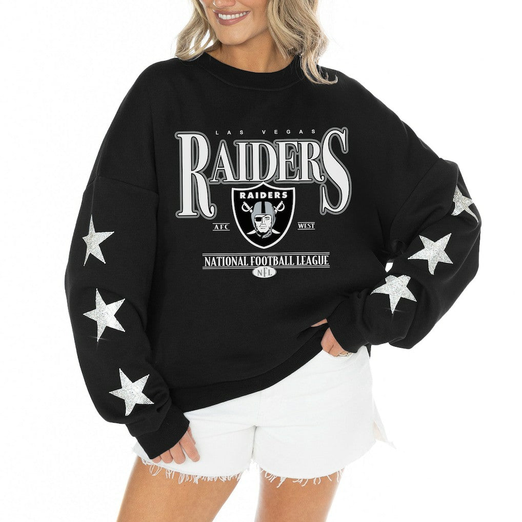 NFL Las Vegas Raiders Gameday Couture Women's Rhinestone Star Sleeve Settle the Score Oversized Tri-Blend Pullover