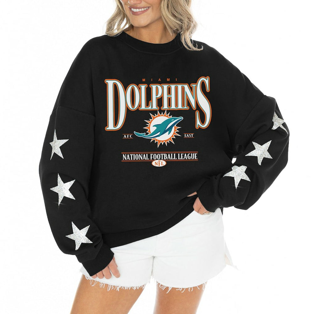 NFL Miami Dolphins Gameday Couture Women's Rhinestone Star Sleeve Settle the Score Oversized Tri-Blend Pullover