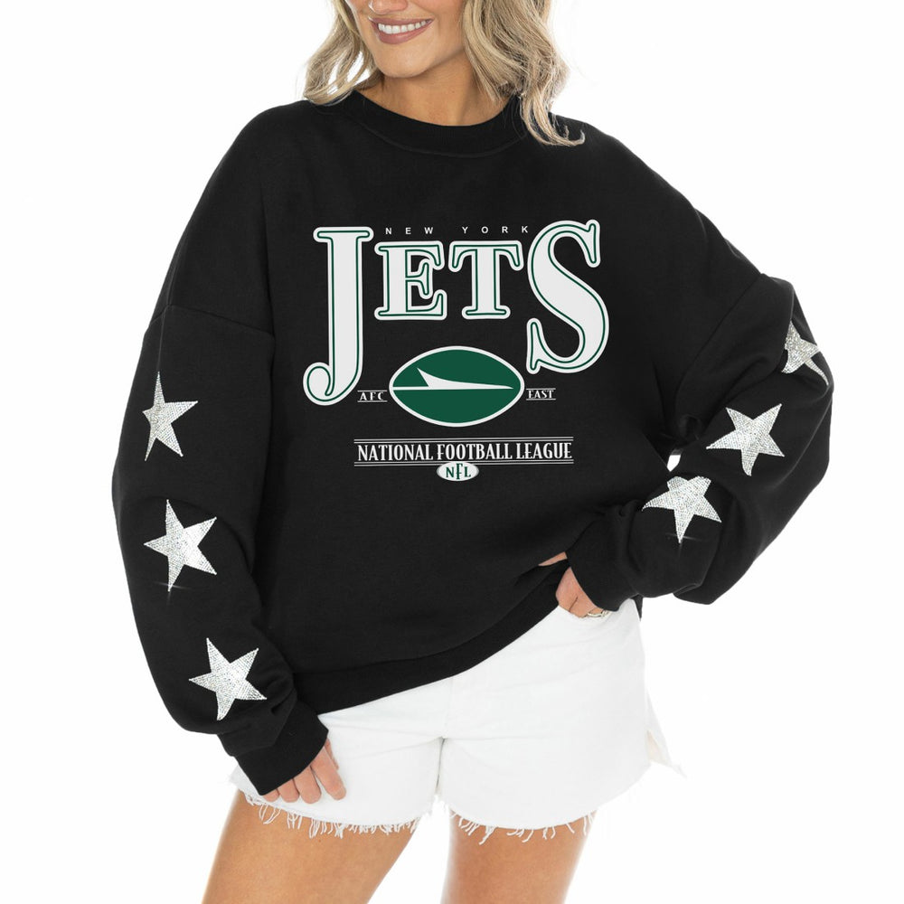 NFL New York Jets Gameday Couture Women's Rhinestone Star Sleeve Settle the Score Oversized Tri-Blend Pullover