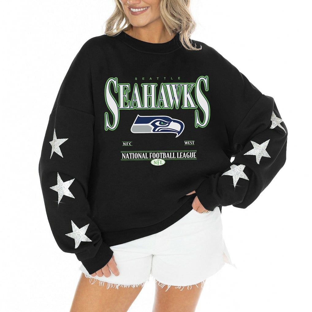 NFL Seattle Seahawks Gameday Couture Women's Rhinestone Star Sleeve Settle the Score Oversized Tri-Blend Pullover