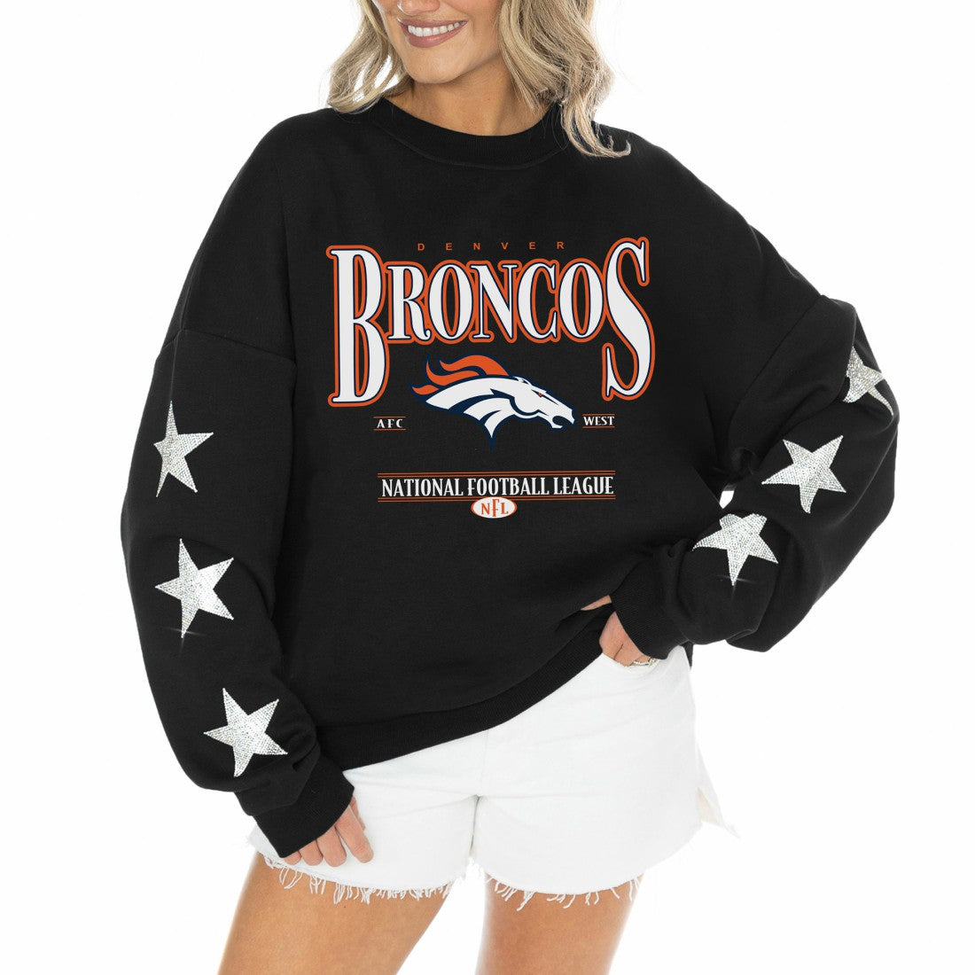 NFL Denver Broncos Gameday Couture Women's Rhinestone Star Sleeve Settle the Score Oversized Tri-Blend Pullover