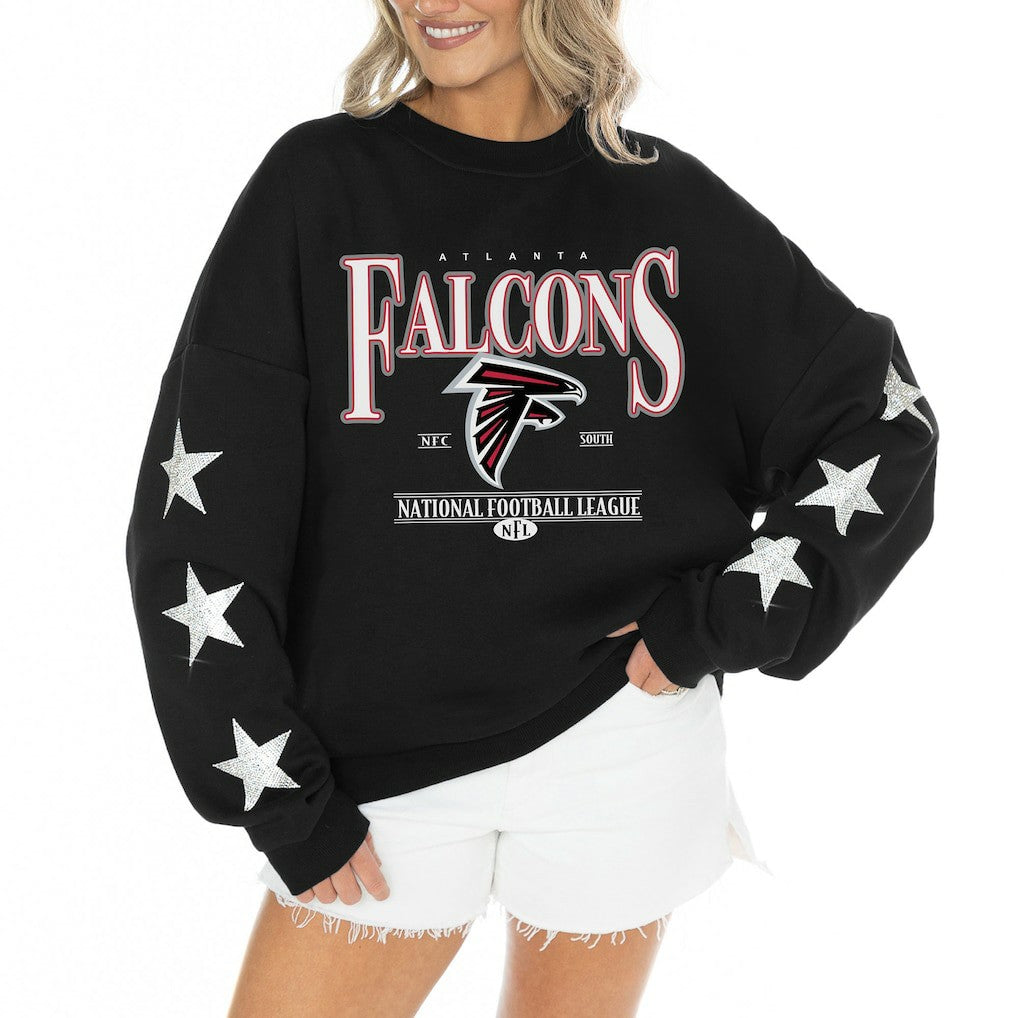 NFL Atlanta Falcons Gameday Couture Women's Rhinestone Star Sleeve Settle the Score Oversized Tri-Blend Pullover