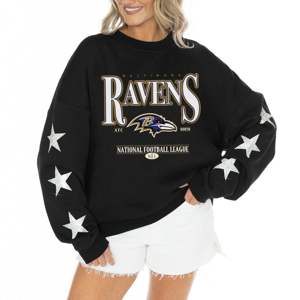 NFL Baltimore Ravens Gameday Couture Women's Rhinestone Star Sleeve Settle the Score Oversized Tri-Blend Pullover