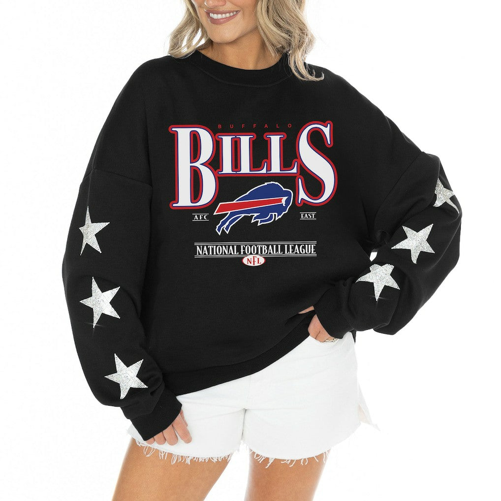 NFL Buffalo Bills Gameday Couture Women's Rhinestone Star Sleeve Settle the Score Oversized Tri-Blend Pullover