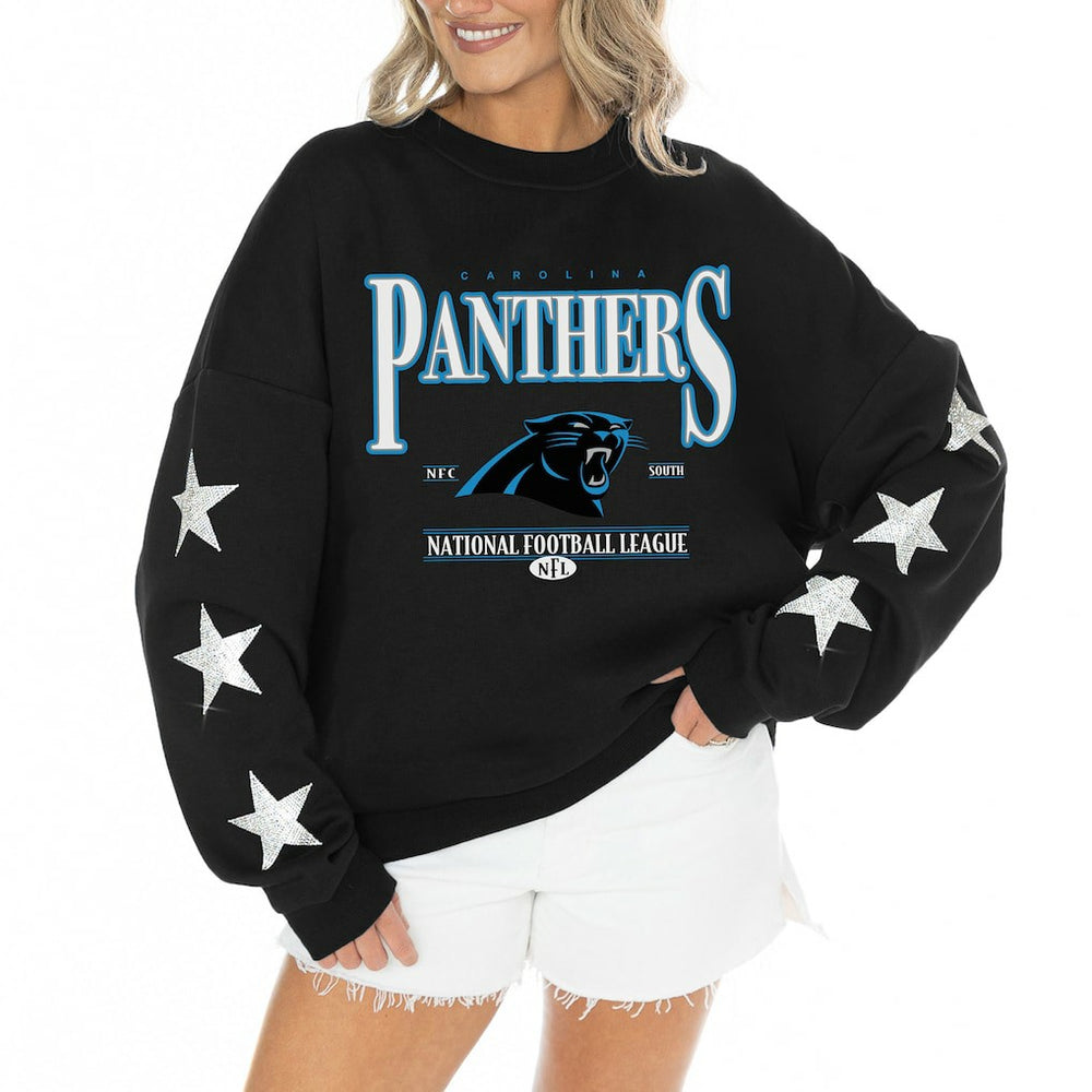 NFL Carolina Panthers Gameday Couture Women's Rhinestone Star Sleeve Settle the Score Oversized Tri-Blend Pullover