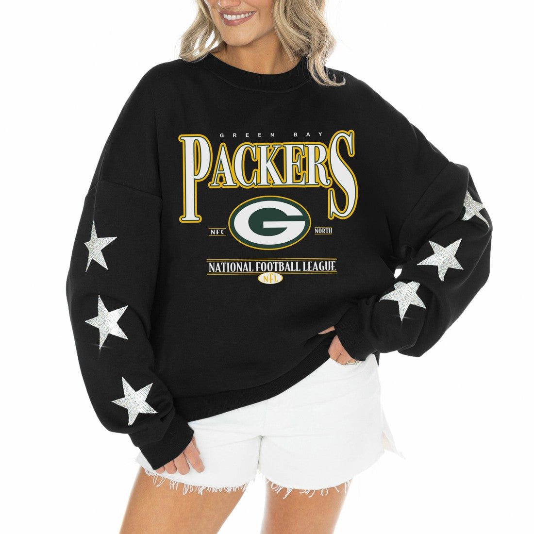 NFL Green Bay Packers Gameday Couture Women's Rhinestone Star Sleeve Settle the Score Oversized Tri-Blend Pullover