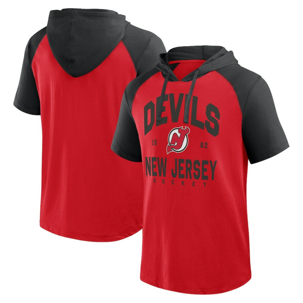 New Jersey Devils Logo Athletic Prime Raglan Short Sleeve Pullover Hoodie