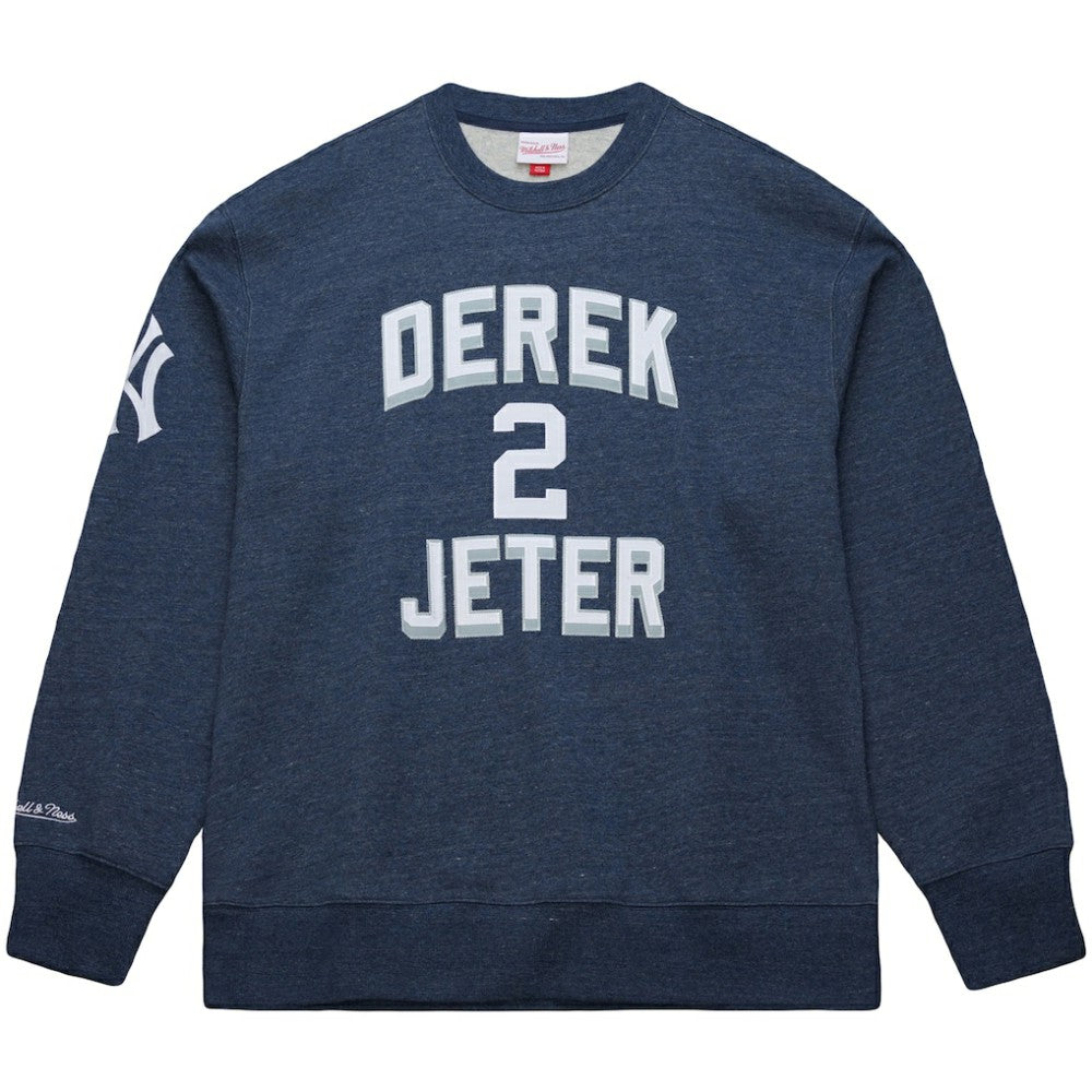 Derek Jeter New York Yankees Legends Collection Vintage Logo Fleece Name & Number Pullover Sweatshirt - Heather Navy | Mitchell & Ness