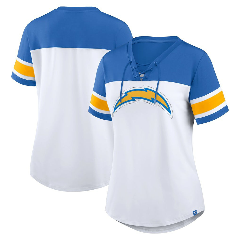 NFL Los Angeles Chargers Women's Athena Rhinestone Lace-Up V-Neck T-Shirt