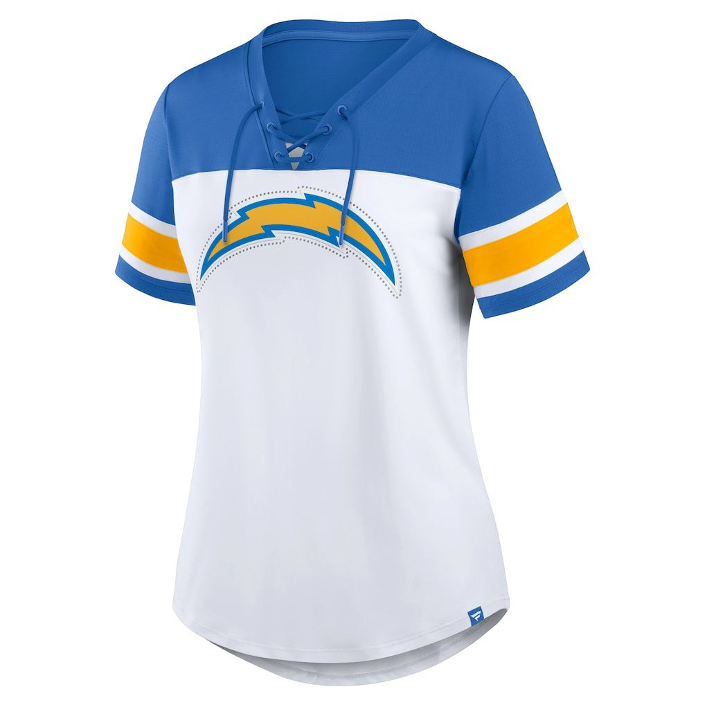 NFL Los Angeles Chargers Women's Athena Rhinestone Lace-Up V-Neck T-Shirt