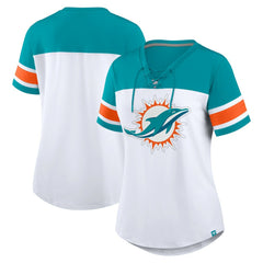 NFL Miami Dolphins Women's Athena Rhinestone Lace-Up V-Neck T-Shirt