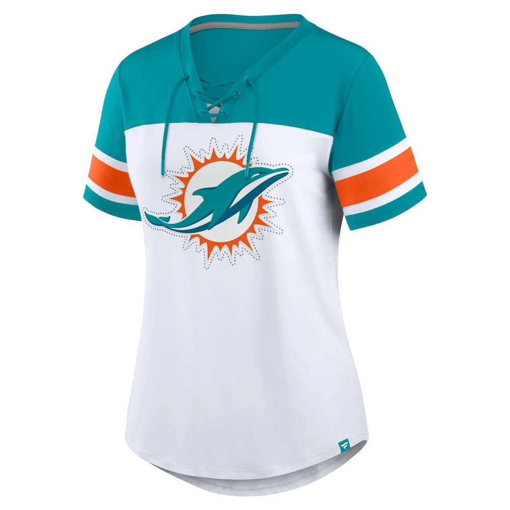 NFL Miami Dolphins Women's Athena Rhinestone Lace-Up V-Neck T-Shirt