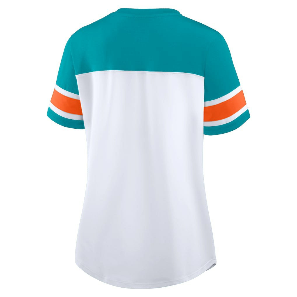 NFL Miami Dolphins Women's Athena Rhinestone Lace-Up V-Neck T-Shirt