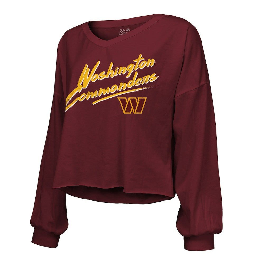 NFL Washington Commanders Jayden Daniels  Majestic Threads Women's Name & Number Off-Shoulder Script Cropped Long Sleeve Relaxed V-Neck T-Shirt