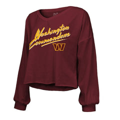 NFL Washington Commanders Jayden Daniels  Majestic Threads Women's Name & Number Off-Shoulder Script Cropped Long Sleeve Relaxed V-Neck T-Shirt