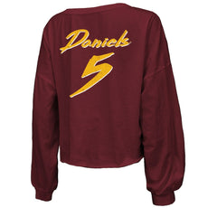 NFL Washington Commanders Jayden Daniels  Majestic Threads Women's Name & Number Off-Shoulder Script Cropped Long Sleeve Relaxed V-Neck T-Shirt