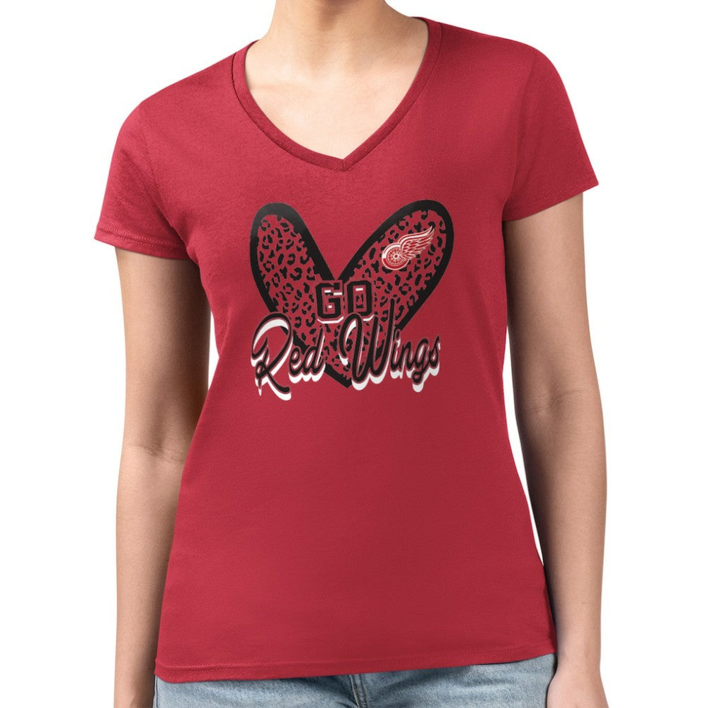 Detroit Red Wings G-III 4Her by Carl Banks Women's Super-Slim Fit Lightweight Animal Print Heart V-Neck T-Shirt