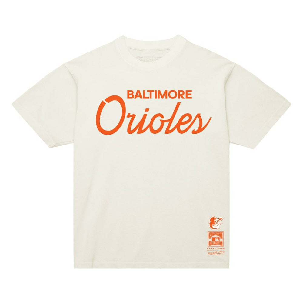 Baltimore Orioles Vintage Script T-Shirt - Cream | Mitchell & Ness