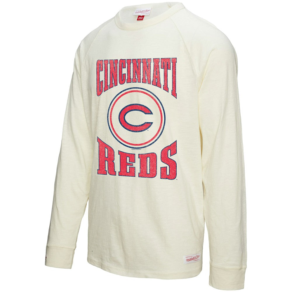 Cincinnati Reds Arched Logo Slub Long Sleeve T-Shirt - Cream | Mitchell & Ness