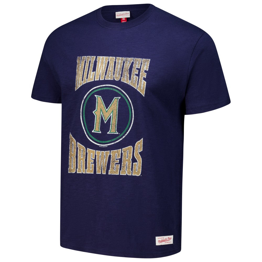 Milwaukee Brewers Arched Logo Slub T-Shirt - Navy | Mitchell & Ness