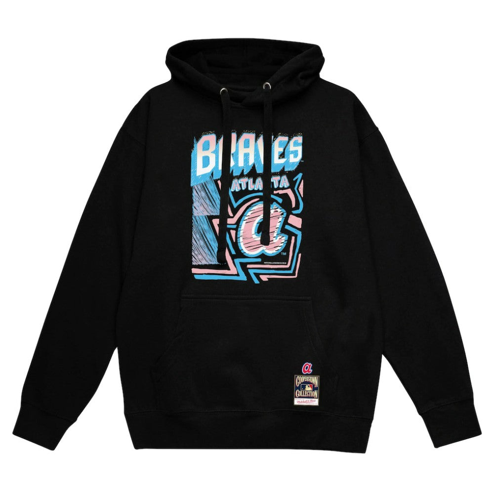 Atlanta Braves Sidewalk Sketch Pullover Hoodie - Black | Mitchell & Ness