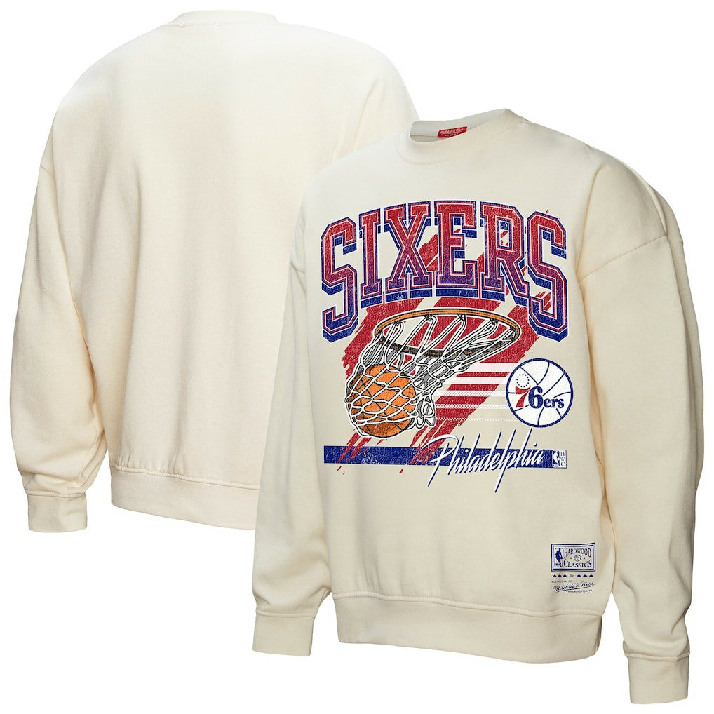 Philadelphia 76ers Women's Brush Bucket Pullover Sweatshirt - Cream | Mitchell & Ness sale
