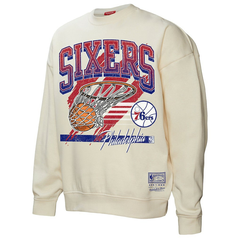 Philadelphia 76ers Women's Brush Bucket Pullover Sweatshirt - Cream | Mitchell & Ness sale