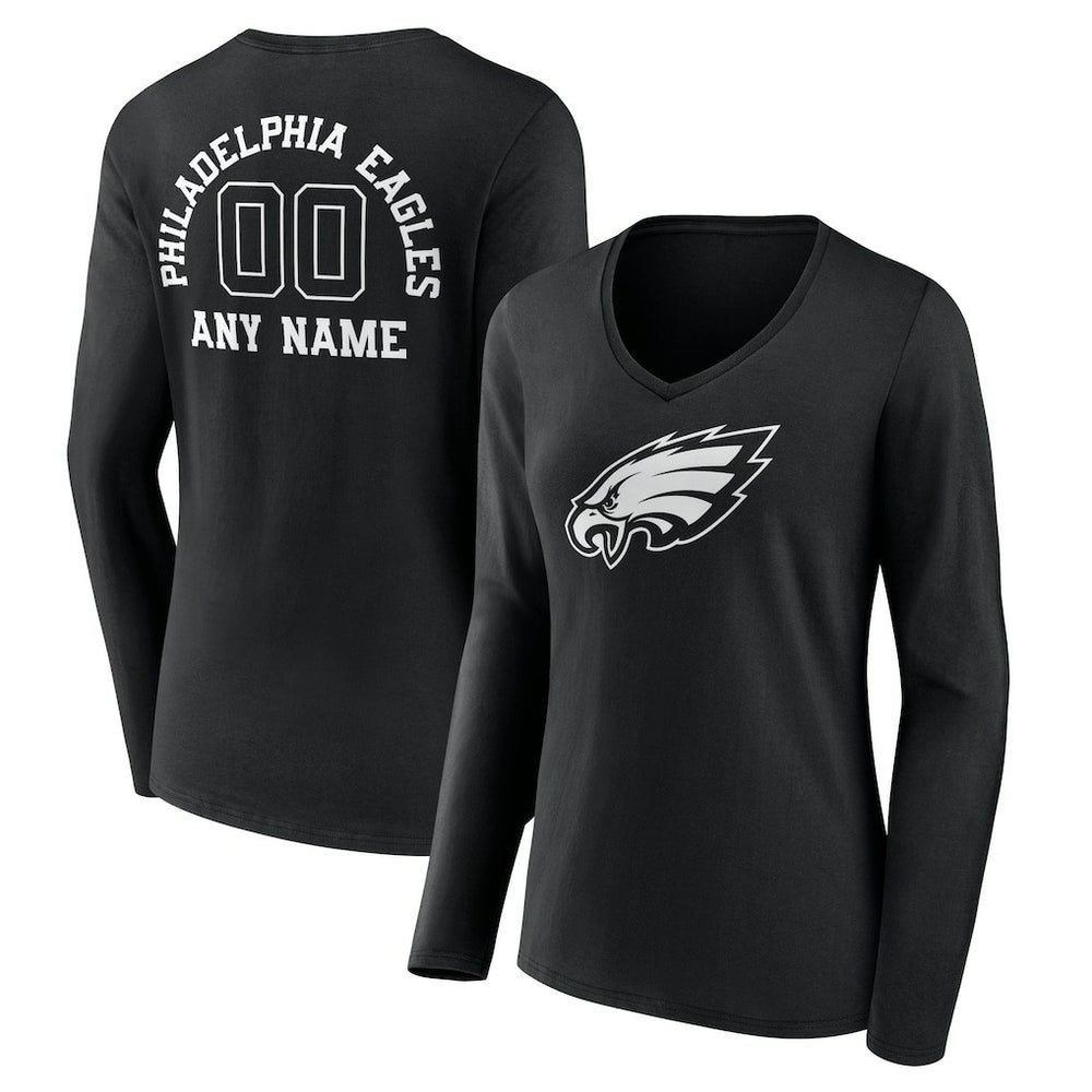 NFL Philadelphia Eagles Women's Personalized Name & Number Monochrome Long Sleeve V-Neck T-Shirt