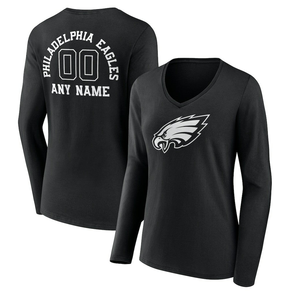 NFL Philadelphia Eagles Women's Personalized Name & Number Monochrome Long Sleeve V-Neck T-Shirt
