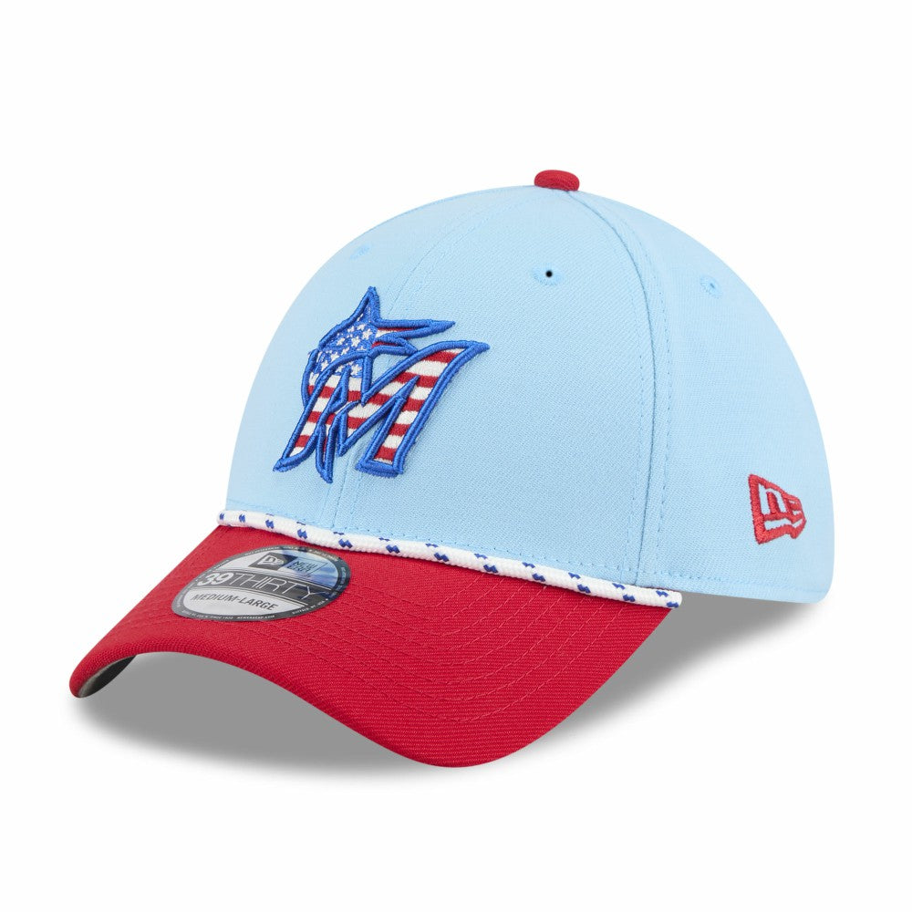 Miami Marlins 2025 Fourth of July 39THIRTY Flex Hat - Light Blue/Red | New Era