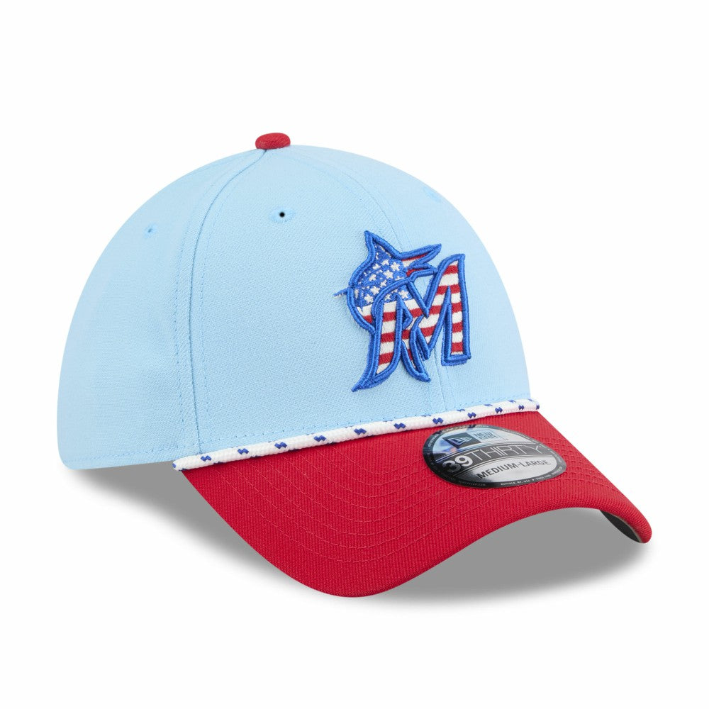Miami Marlins 2025 Fourth of July 39THIRTY Flex Hat - Light Blue/Red | New Era