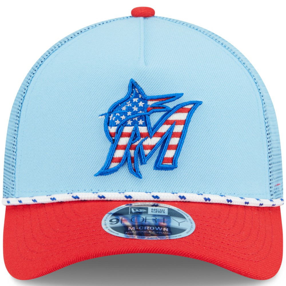 Miami Marlins 2025 Fourth of July 9FORTY A-Frame M-Crown Adjustable Trucker Hat - Light Blue/Red | New Era