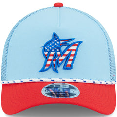 Miami Marlins 2025 Fourth of July 9FORTY A-Frame M-Crown Adjustable Trucker Hat - Light Blue/Red | New Era