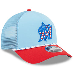 Miami Marlins 2025 Fourth of July 9FORTY A-Frame M-Crown Adjustable Trucker Hat - Light Blue/Red | New Era