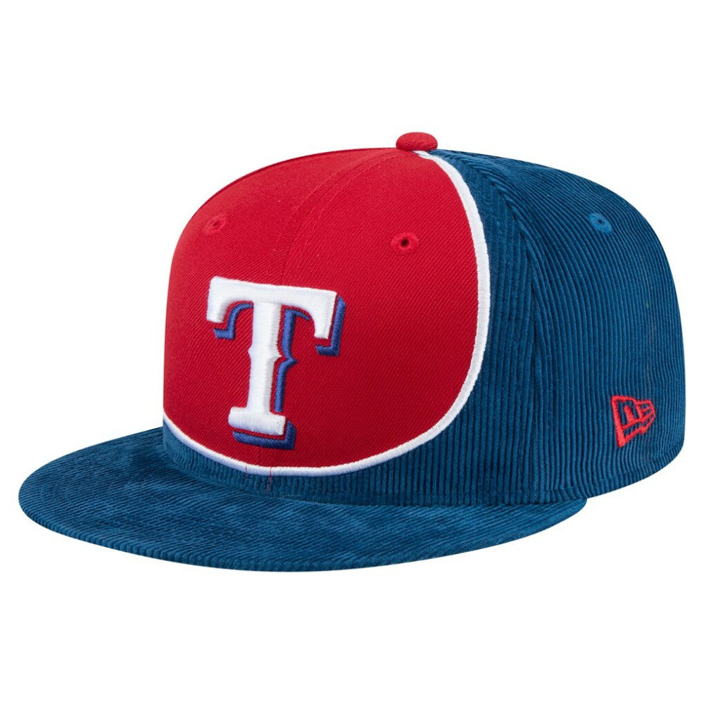 Texas Rangers Retro Split Corduroy Snapback Hat - Royal/Red | New Era