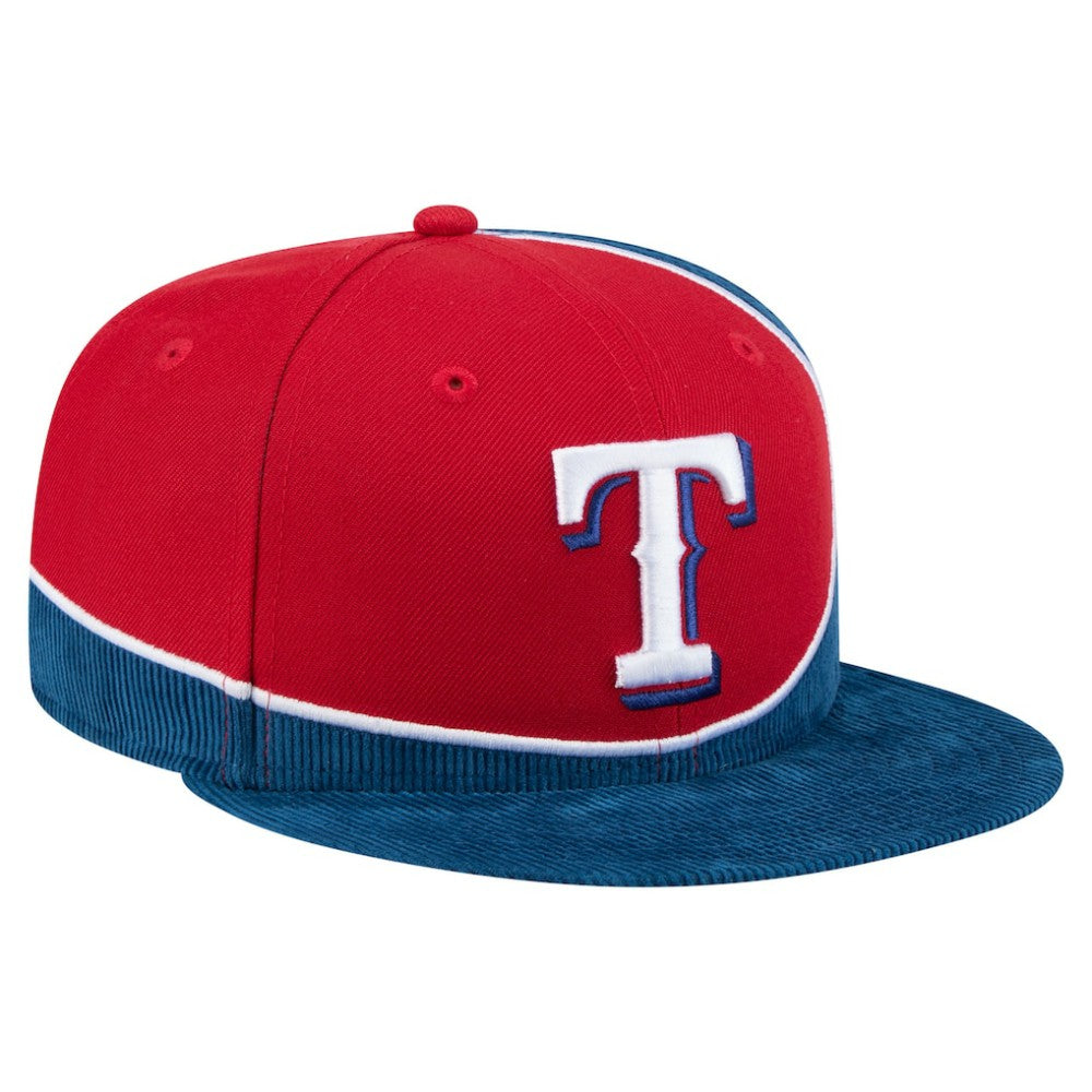Texas Rangers Retro Split Corduroy Snapback Hat - Royal/Red | New Era