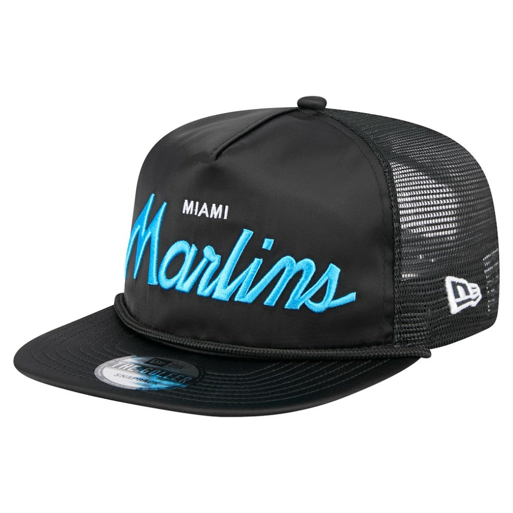 Miami Marlins Retro Satin Script Golfer Adjustable Hat - Black | New Era