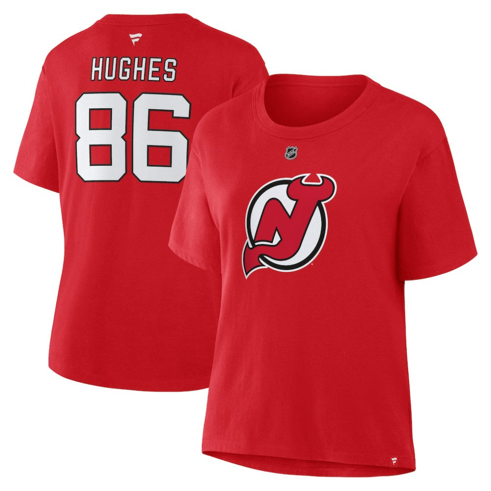 Jack Hughes New Jersey Devils Fanatics Women's Authentic Stack Name & Number T-Shirt