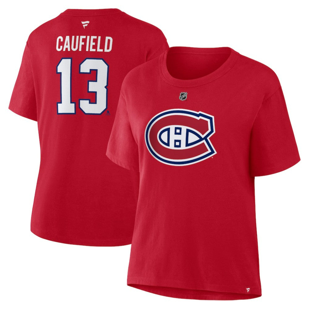 Cole Caufield Montreal Canadiens Fanatics Women's Authentic Stack Name & Number T-Shirt