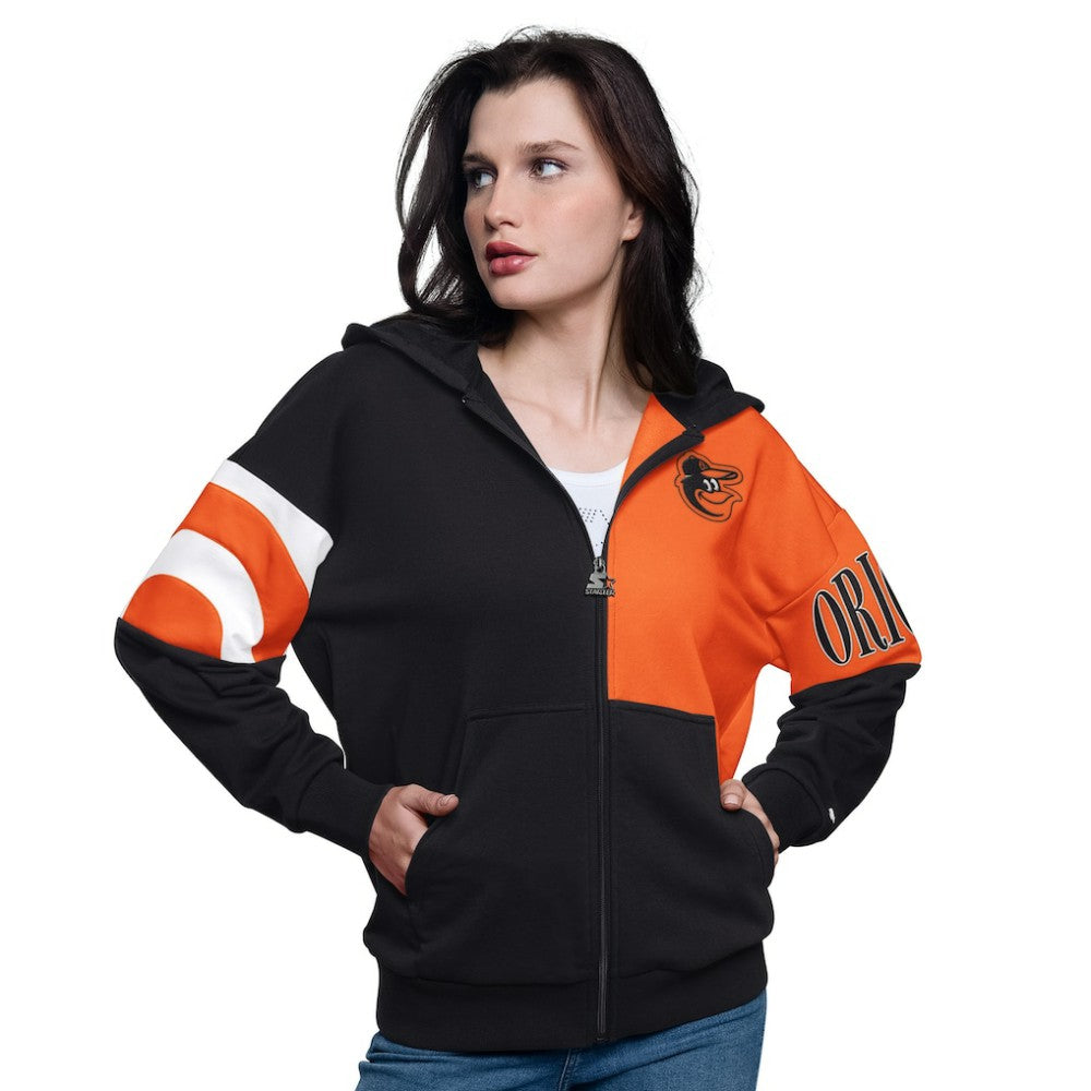 Baltimore Orioles Starter Women's Curve Ball Full Zip Hoodie Sweatshirt - Black/Orange