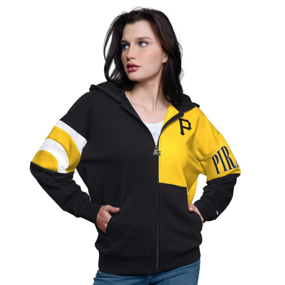 Pittsburgh Pirates Starter Women's Curve Ball Full Zip Hoodie Sweatshirt - Black/Gold