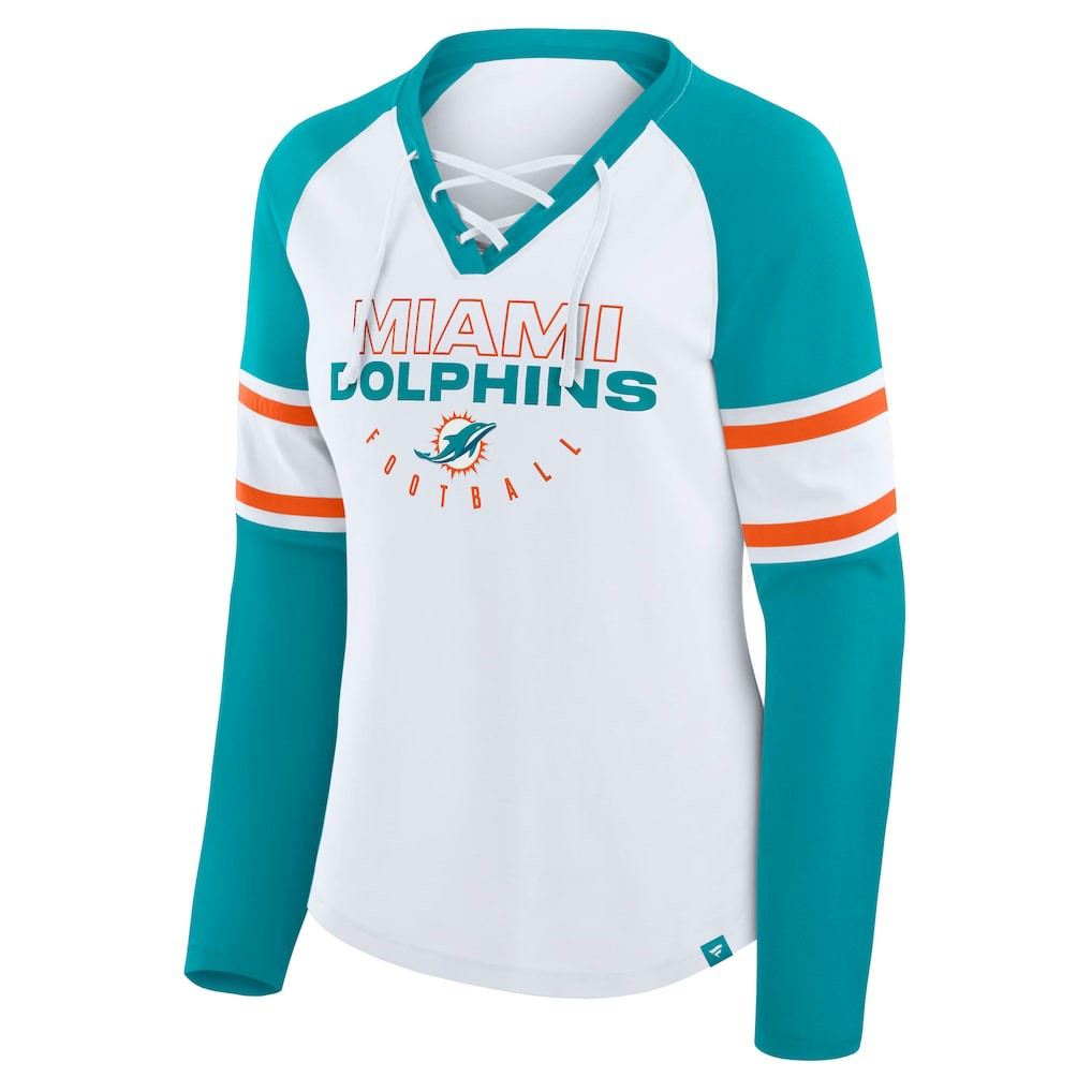 NFL Miami Dolphins Women's Redzone Blitz Package Raglan Lace-Up V-Neck Long Sleeve T-Shirt