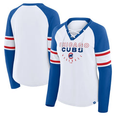 Chicago Cubs Women's Blitz Package Raglan Lace-Up V-Neck Long Sleeve T-Shirt - White/Royal