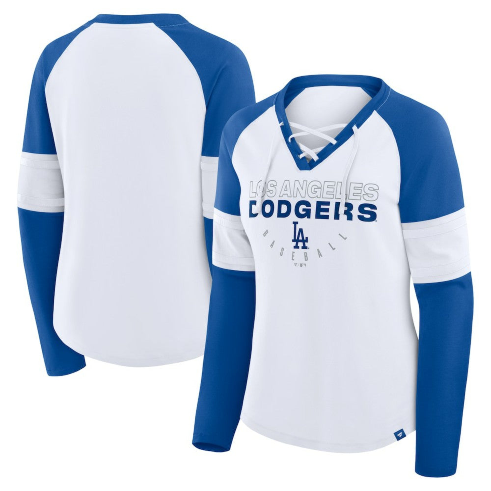 Los Angeles Dodgers Women's Blitz Package Raglan Lace-Up V-Neck Long Sleeve T-Shirt - White/Royal