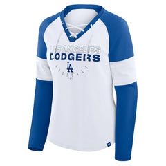 Los Angeles Dodgers Women's Blitz Package Raglan Lace-Up V-Neck Long Sleeve T-Shirt - White/Royal