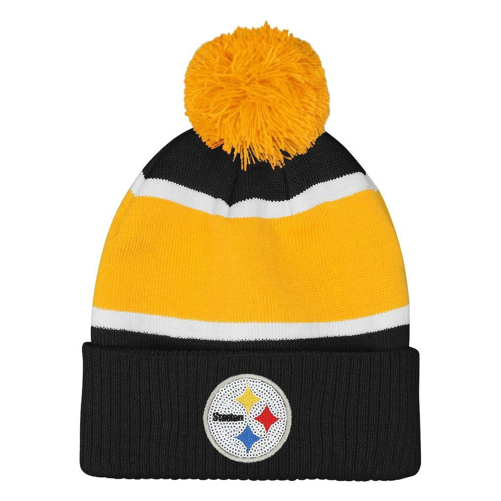 NFL Pittsburgh Steelers Outerstuff Girls Let's Play Cuffed Knit Hat with Pom