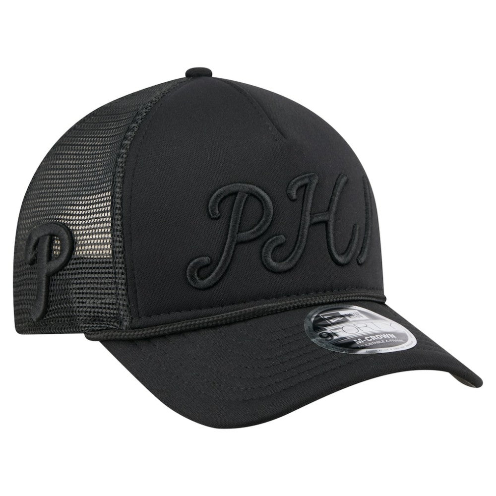 Philadelphia Phillies City Initial 9FORTY A-Frame M-Crown Adjustable Trucker Hat - Black | New Era