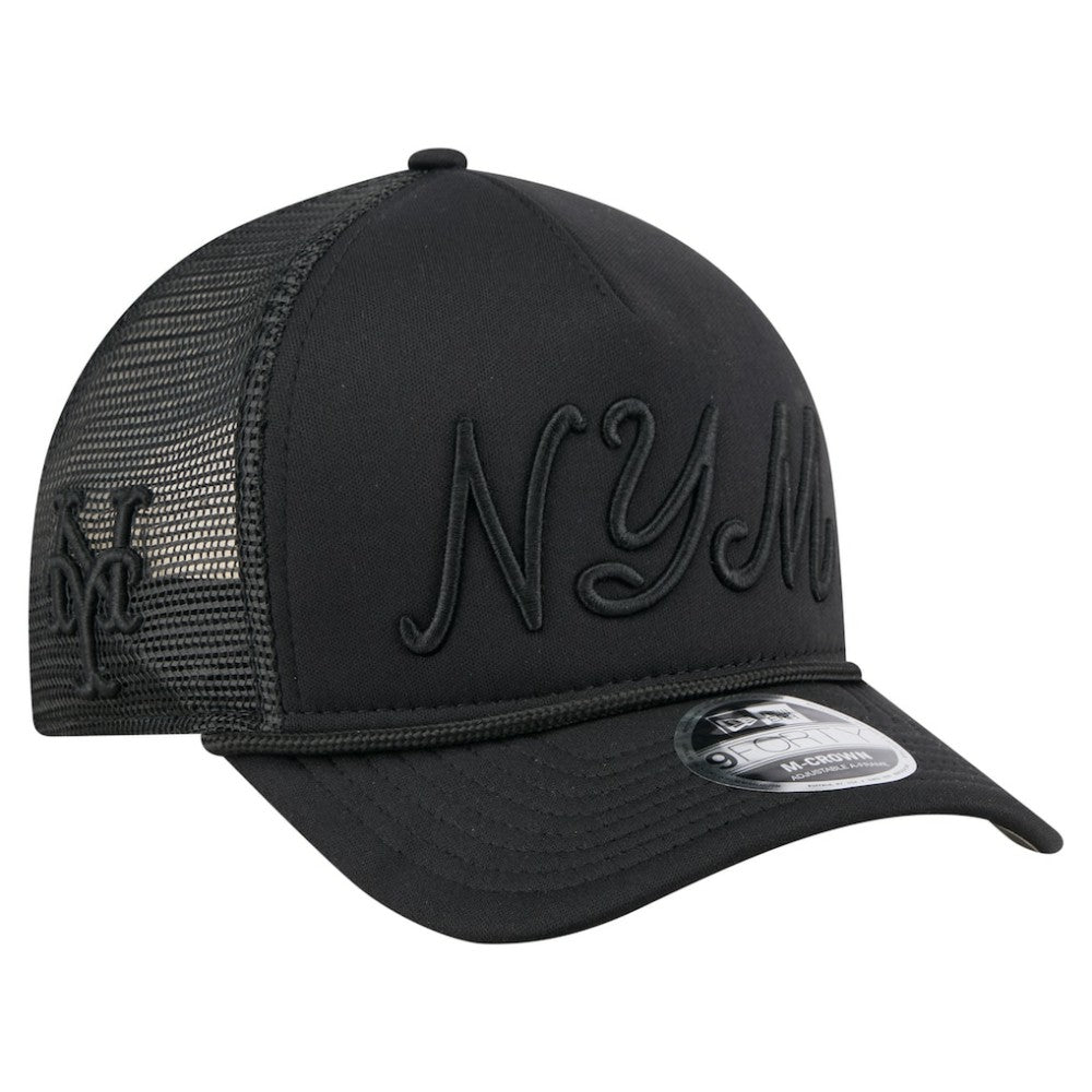 New York Mets City Initial 9FORTY A-Frame M-Crown Adjustable Trucker Hat - Black | New Era
